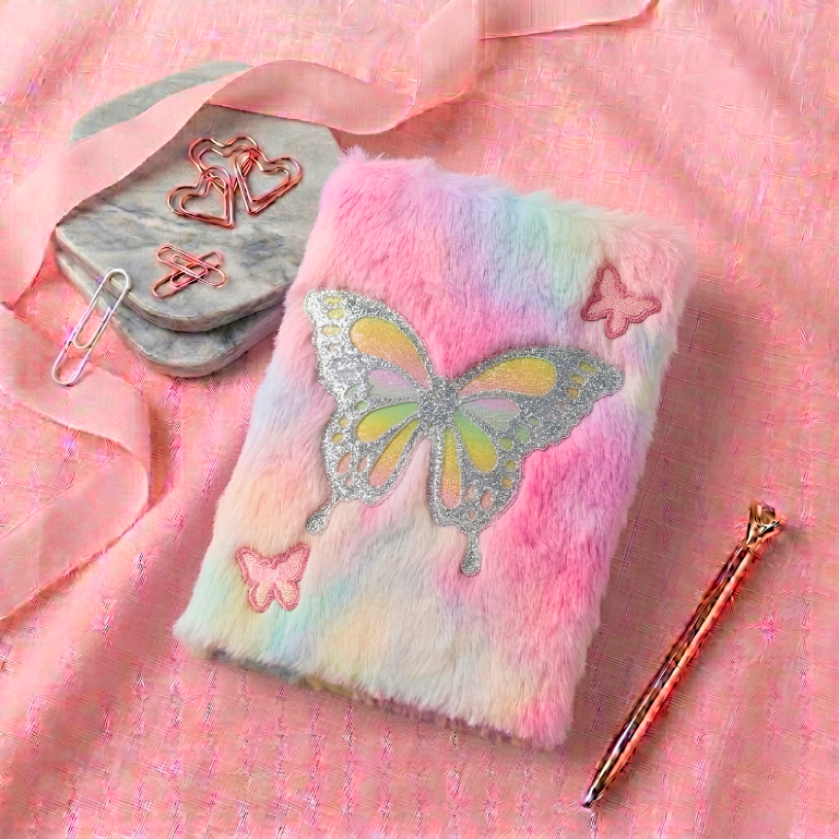 Aesthetic Rainbow Butterfly Furry Plush Diary – A5 Glitter Butterfly Journal