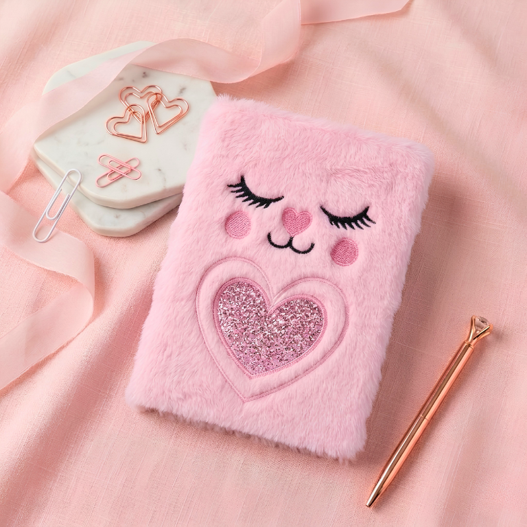 Cute Kitty Furry Plush Diary – A5 Soft Cat Notebook (Pink, Purple, White)