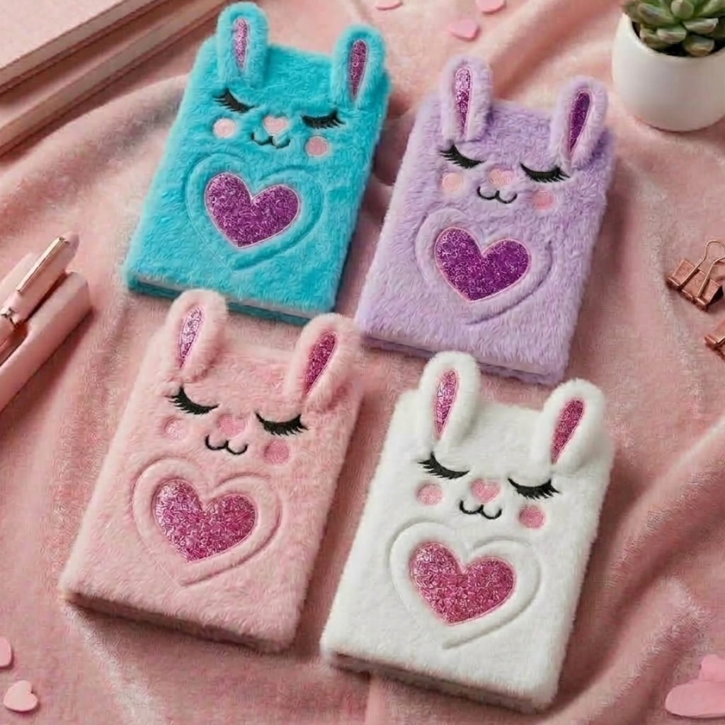 Cute Plush Bunny Diary for Girls – Soft Furry Rabbit Notebook with Heart Mirror | Aesthetic Stationery Gift