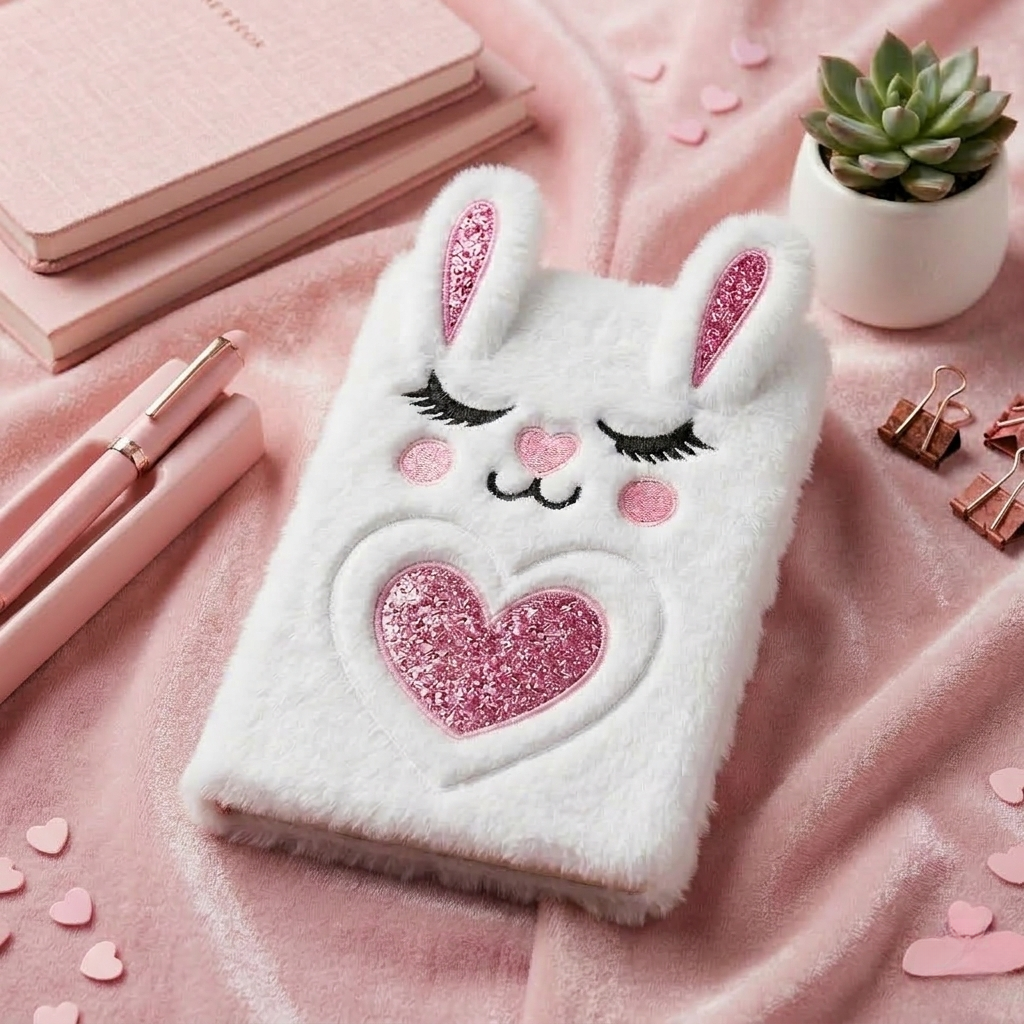 Cute Plush Bunny Diary for Girls – Soft Furry Rabbit Notebook with Heart Mirror | Aesthetic Stationery Gift