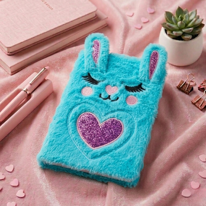 Cute Plush Bunny Diary for Girls – Soft Furry Rabbit Notebook with Heart Mirror | Aesthetic Stationery Gift