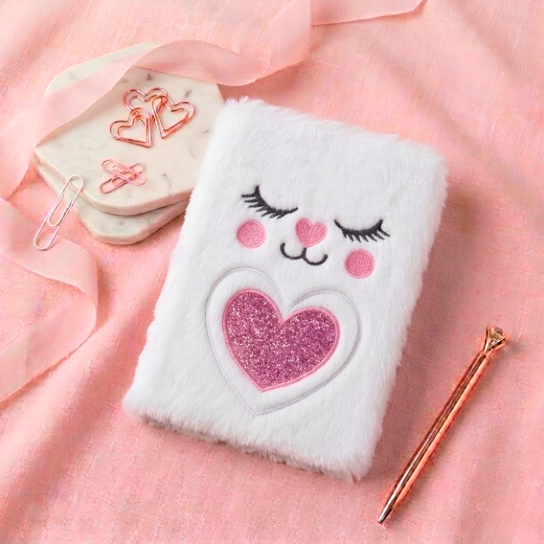 Cute Kitty Furry Plush Diary – A5 Soft Cat Notebook (Pink, Purple, White)