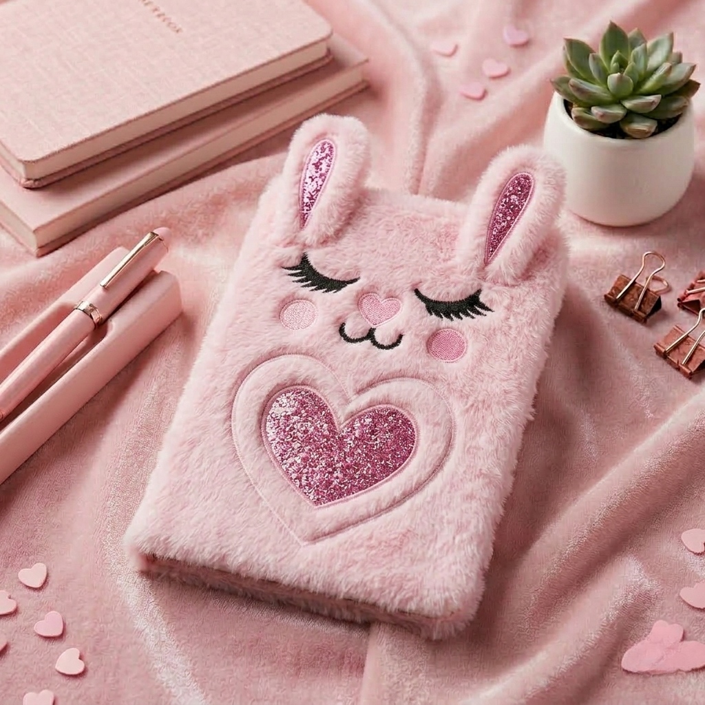 Cute Plush Bunny Diary for Girls – Soft Furry Rabbit Notebook with Heart Mirror | Aesthetic Stationery Gift