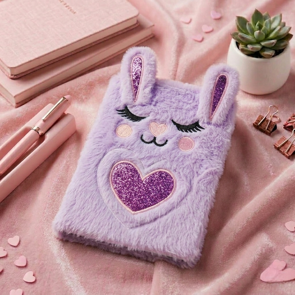Cute Plush Bunny Diary for Girls – Soft Furry Rabbit Notebook with Heart Mirror | Aesthetic Stationery Gift