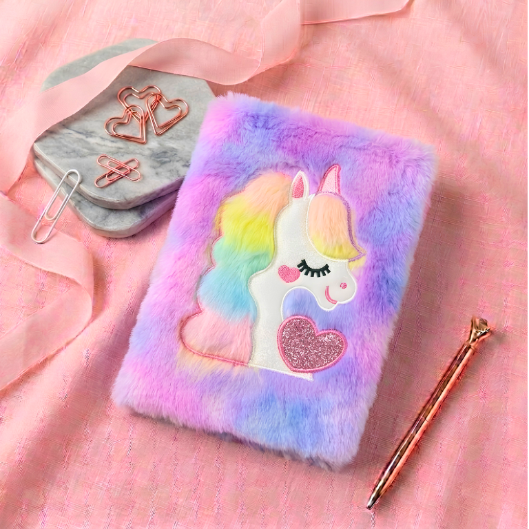 Magical Rainbow Unicorn Furry Plush Diary – A5 Cute Pastel Notebook