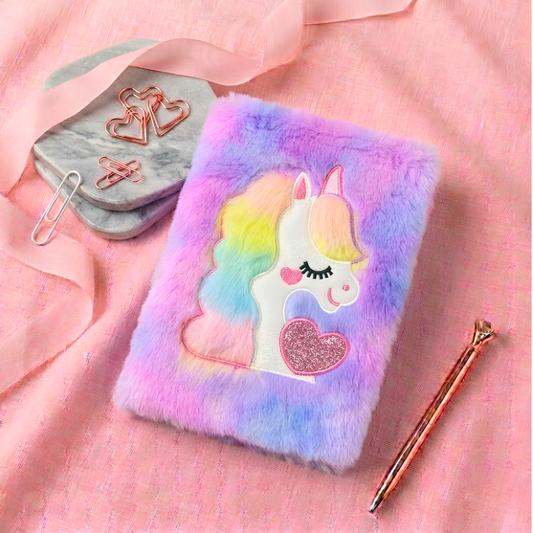Magical Rainbow Unicorn Furry Plush Diary – A5 Cute Pastel Notebook