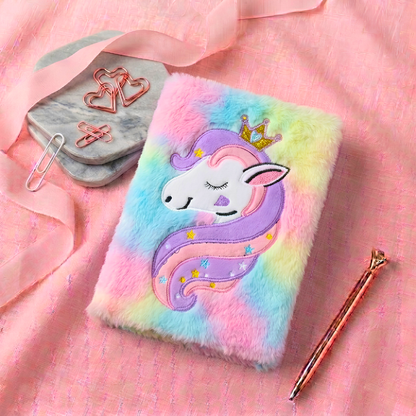 Cute Unicorn Glitter Plush Diary – A5 Soft Furry Notebook for Girls